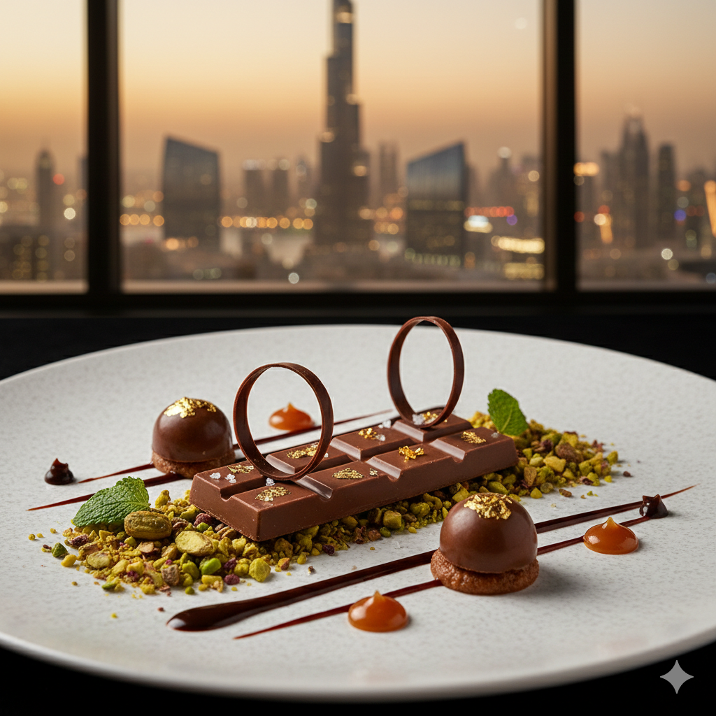 Gourmet Dubai chocolate bar presented in a fine-dining style with the magnificent Dubai city skyline and Burj Khalifa in the background