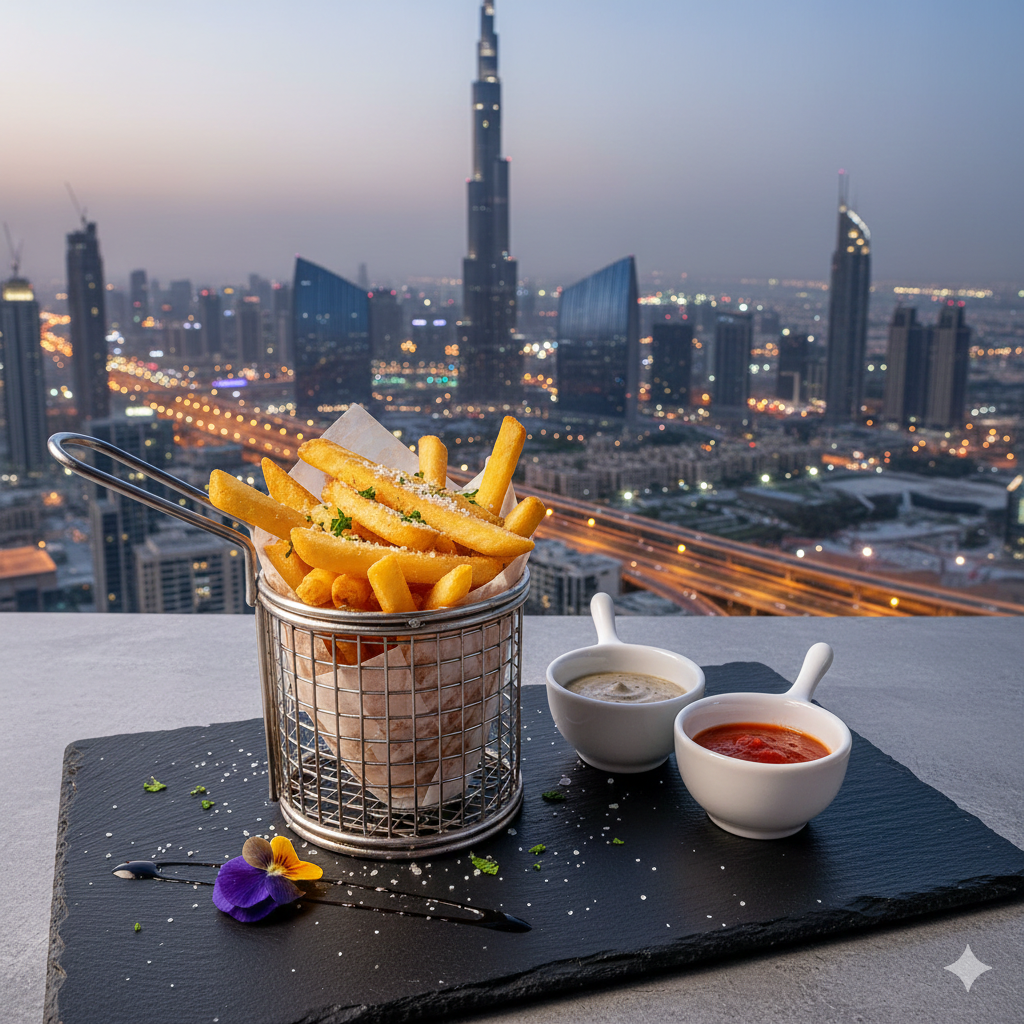 Gourmet chef-style french fries seasoned with herbs on a black slate board with Dubai city skyline and Burj Khalifa in the background at twilight