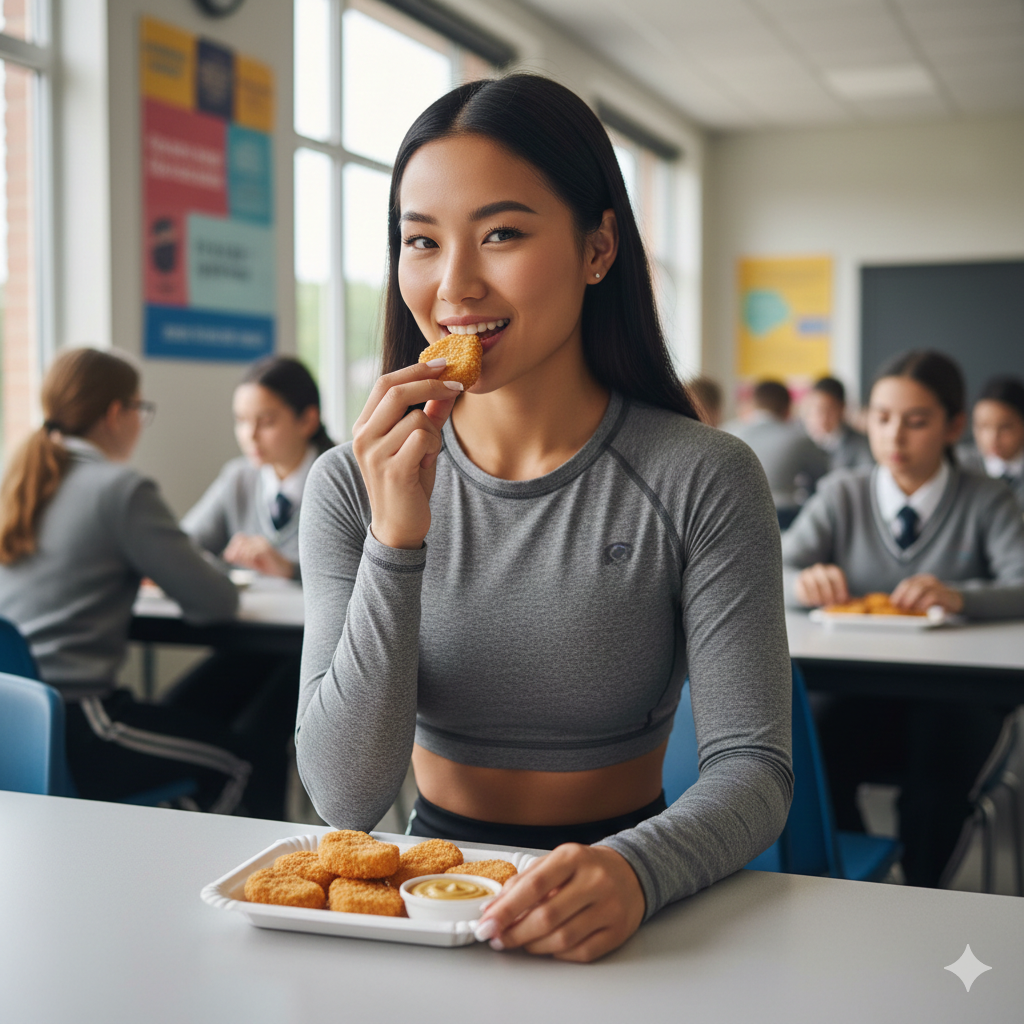 A beautiful healthy Asian girl in grey athletic wear smiling while eating a plate of crispy chicken nuggets in a bright school cafeteria setting