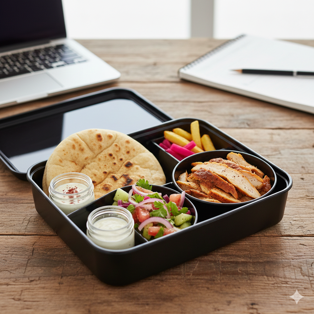Healthy Shawarma meal prep in a bento lunch box with salad, sauce, and pita bread