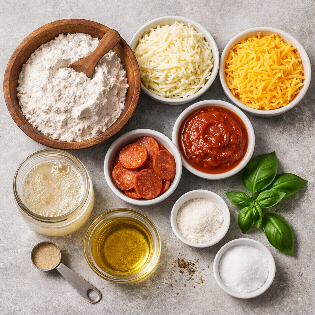 Top view flat lay of homemade cheesy pizza ingredients including flour, mozzarella, cheddar, pepperoni, pizza sauce, olive oil, yeast, and fresh basil on a neutral background.