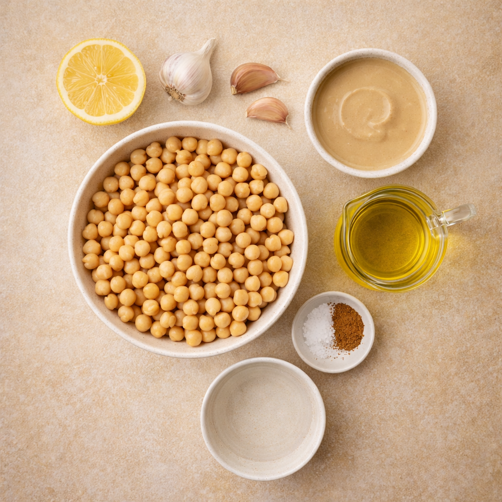 Top view of homemade creamy hummus ingredients including chickpeas, tahini, olive oil, lemon, garlic, salt, and cumin on a neutral background