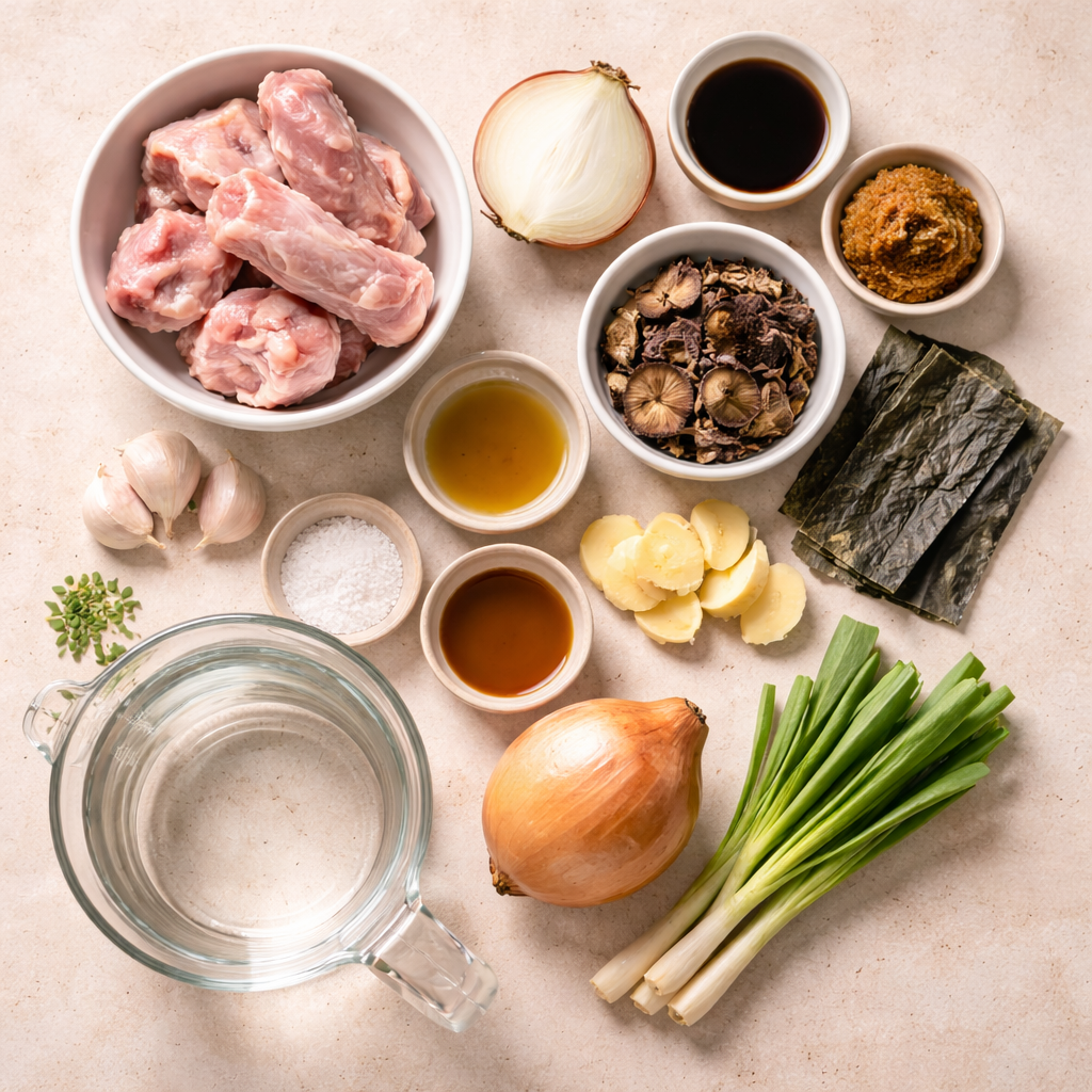 Flat lay of homemade ramen broth ingredients including chicken bones, onion, garlic, ginger, dried shiitake mushrooms, soy sauce, miso paste, kombu, sesame oil, and fresh scallions on a neutral background