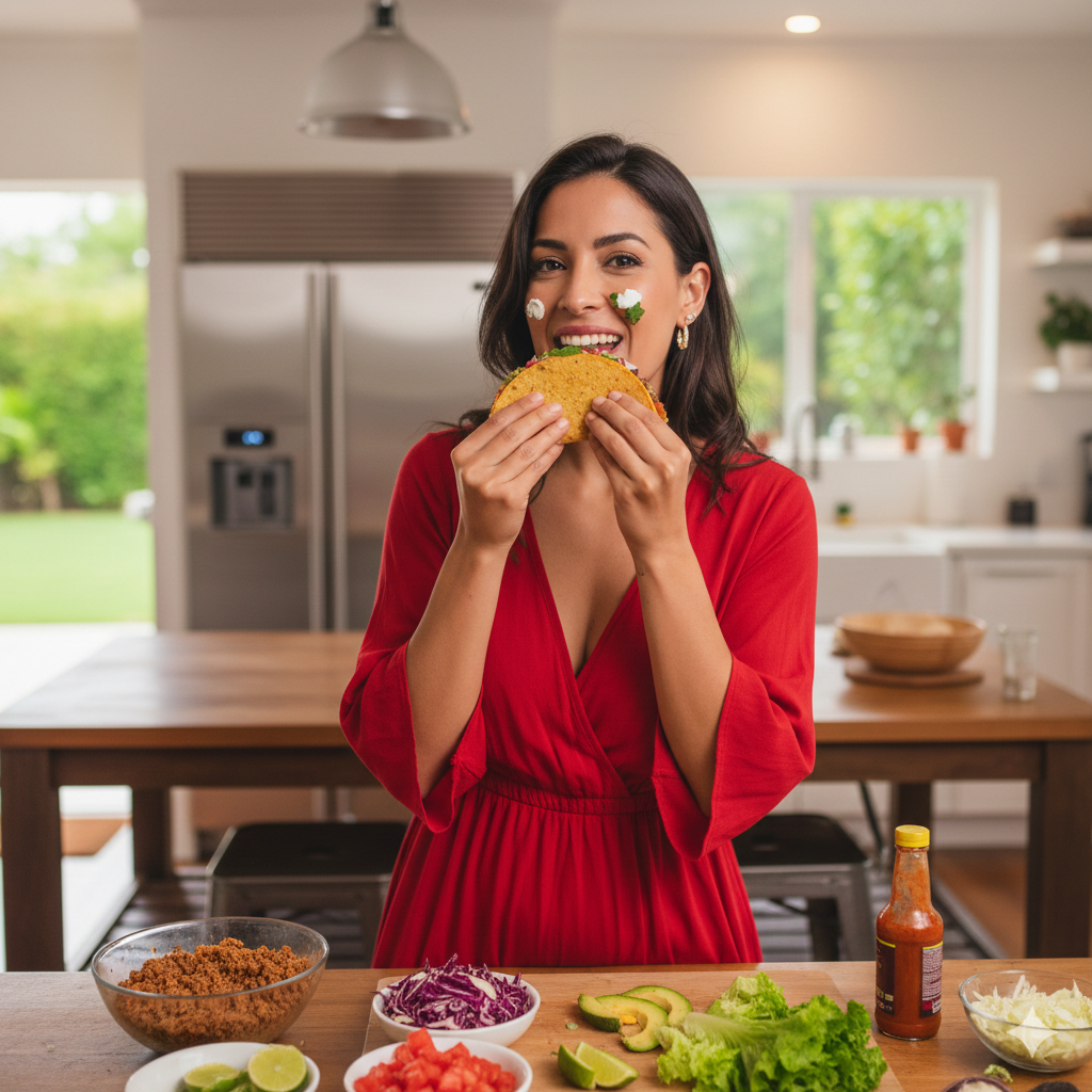 Beautiful Latina woman in a red dress enjoying a delicious beef taco in a modern open kitchen