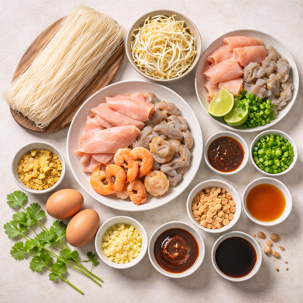 Top view flat lay of Pad Thai ingredients including rice noodles, shrimp, chicken, eggs, bean sprouts, peanuts, tamarind sauce, lime, and green onions arranged on a neutral background