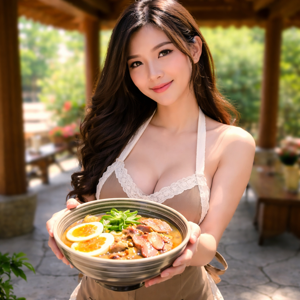 Bowl of homemade ramen broth with rich golden soup, springy noodles, soft boiled egg with jammy yolk, tender pork slices, and freshly sliced green onions, served in a traditional wooden pavilion with soft natural lighting.
