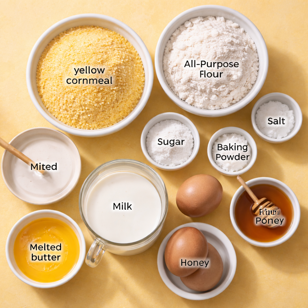 Overhead view of cornbread ingredients including cornmeal, flour, sugar, milk, eggs, melted butter, baking powder, salt, and honey on a yellow background for homemade cornbread recipe