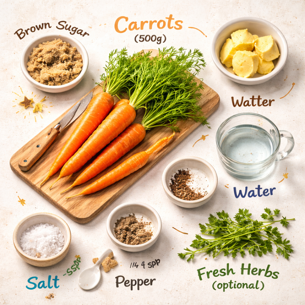 Flat lay of ingredients for sweet glazed carrots recipe including fresh carrots, butter, brown sugar, water, salt, pepper, and fresh herbs on light background