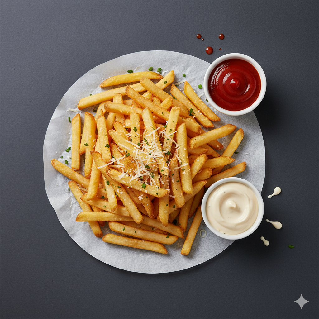 Top down food photography of crispy golden french fries with parmesan cheese and herbs served with ketchup and mayonnaise on a dark minimalist background