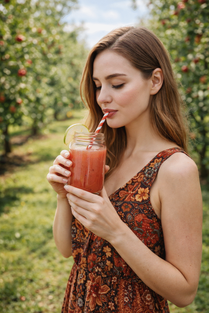 Beautiful woman wearing a sleeveless batik dress drinking fresh apple detox juice with a natural apple orchard background.