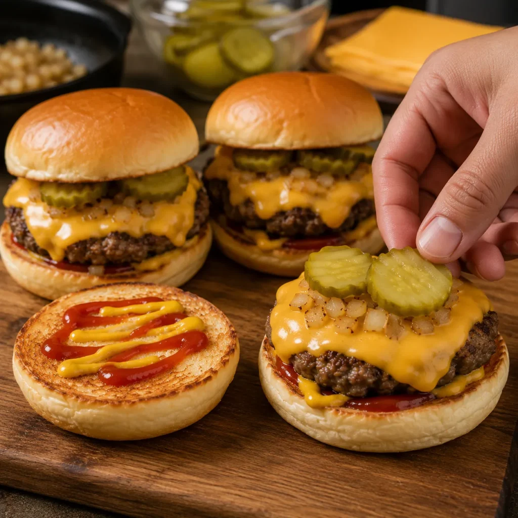 Homemade fast food sliders assembled with beef patties, melted cheese, pickles, ketchup, and mustard