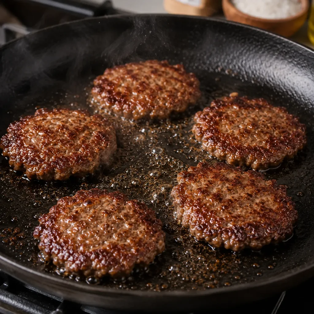 Thin beef slider patties cooking in a hot skillet with golden browned edges