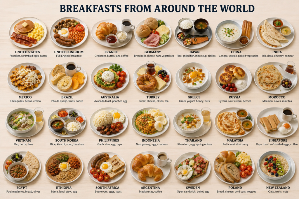Collection of traditional breakfast dishes from around the world featuring American pancakes, English breakfast, Japanese rice set, French croissants, and other international morning meals.