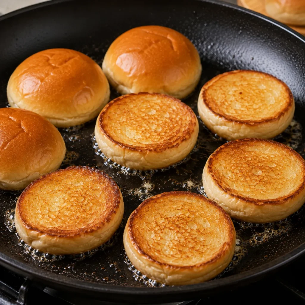 Buttered slider buns toasting cut-side down in a skillet until golden brown