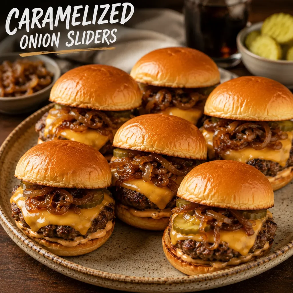 Caramelized onion sliders with juicy beef patties, melted cheese, pickles, and toasted buns
