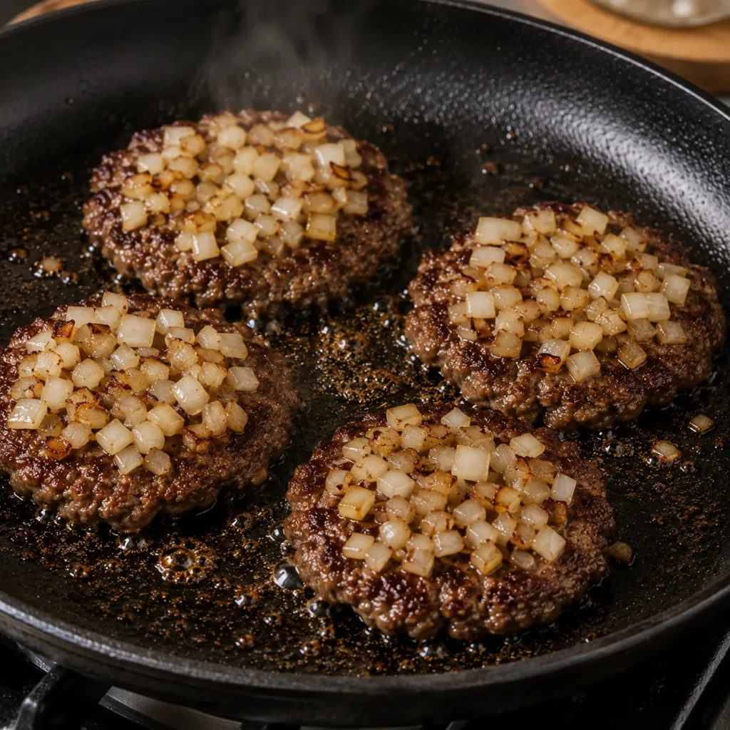 Chopped onions cooking on top of thin beef slider patties in a hot skillet