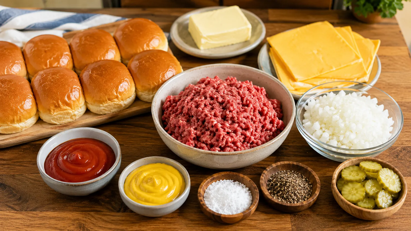 Ingredients for homemade fast food sliders with ground beef, slider buns, American cheese, onions, pickles, and sauces