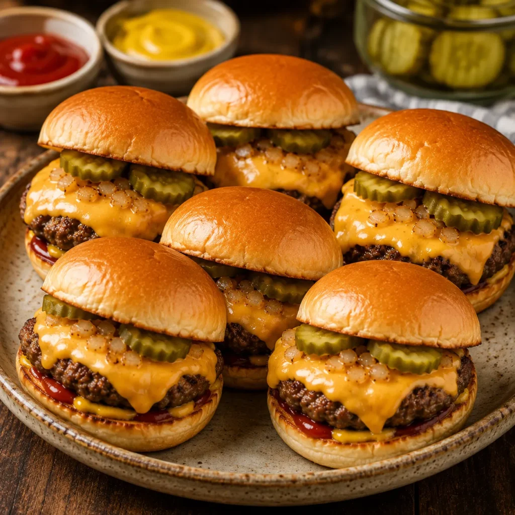 Warm homemade classic fast food sliders with melted cheese, pickles, and toasted buns on a plate