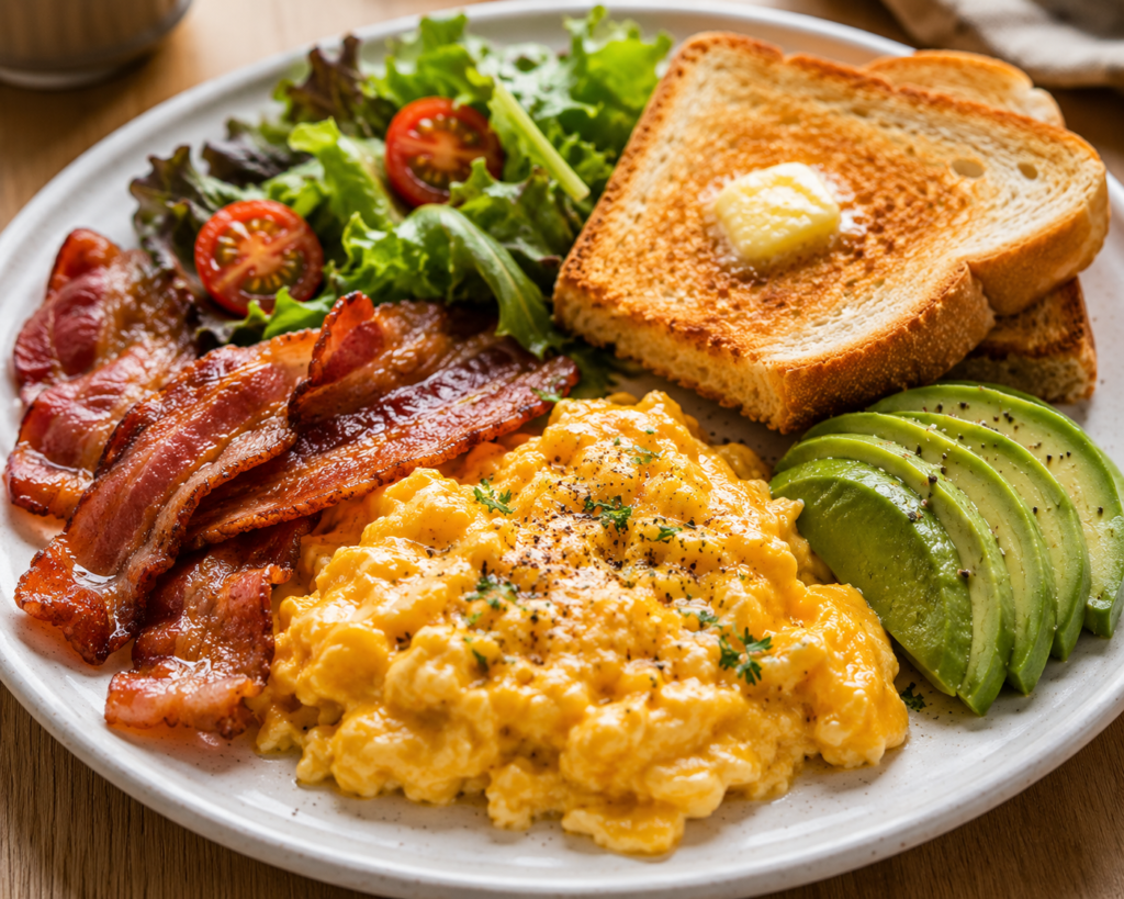 Easy breakfast recipes featuring eggs, toast, avocado, bacon, and fresh vegetables arranged on a delicious morning breakfast plate.