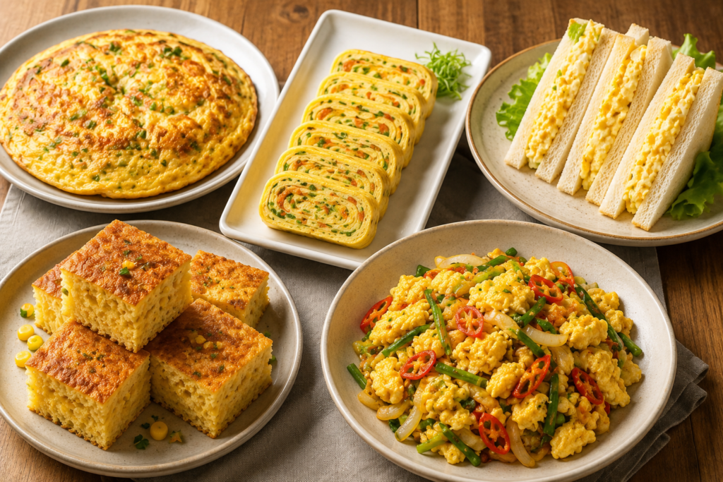 Assorted egg breakfast recipes including fluffy omelet, Korean egg rolls, egg sandwiches, homemade cornbread, and stir-fried eggs arranged on a rustic dining table.