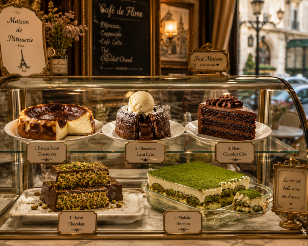Luxury European pastry cafe showcasing popular homemade desserts in a glass display case