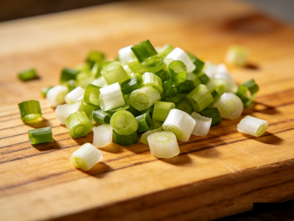 Finely chopped fresh spring onions spread on a natural wooden chopping board, close-up food prep photography, bright natural lighting