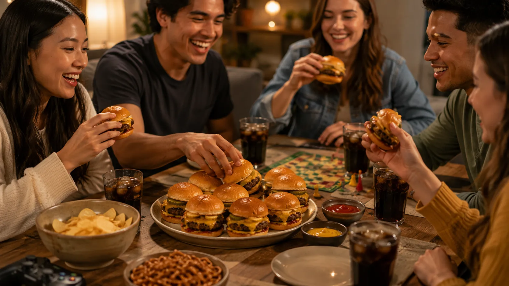 Friends enjoying homemade beef sliders during a relaxed game night with snacks and drinks