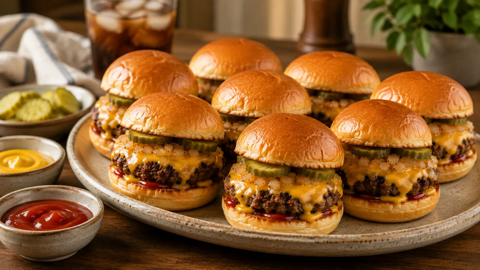 Classic homemade fast food sliders with juicy beef patties, melted cheese, onions, toasted buns, and pickles