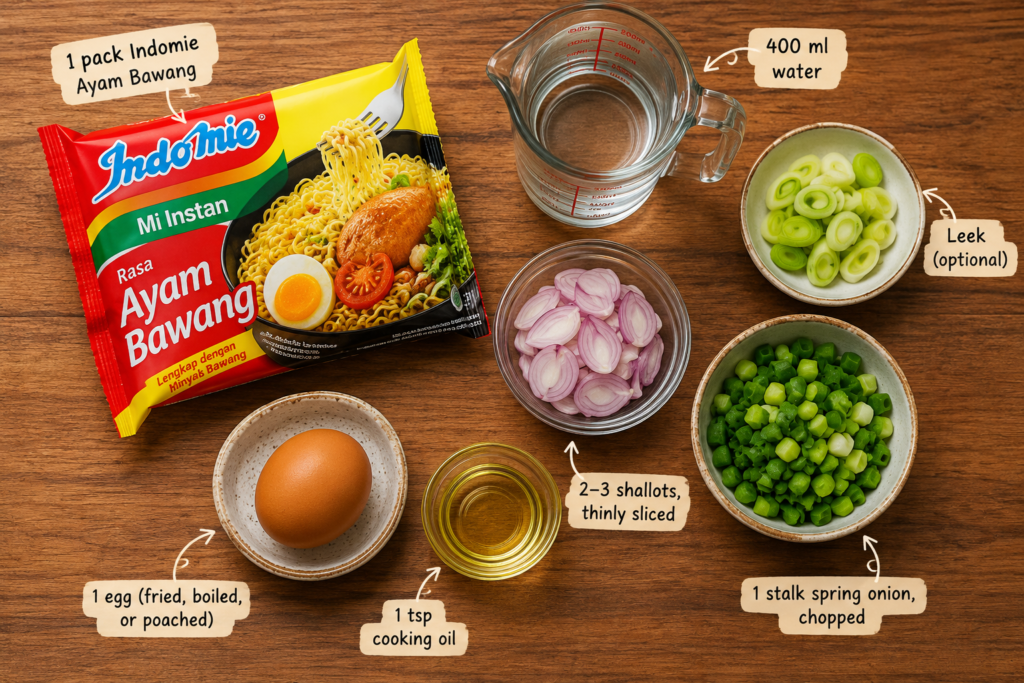 Ingredients for making upgraded Indomie Ayam Bawang including egg, shallots, spring onions, and cooking oil