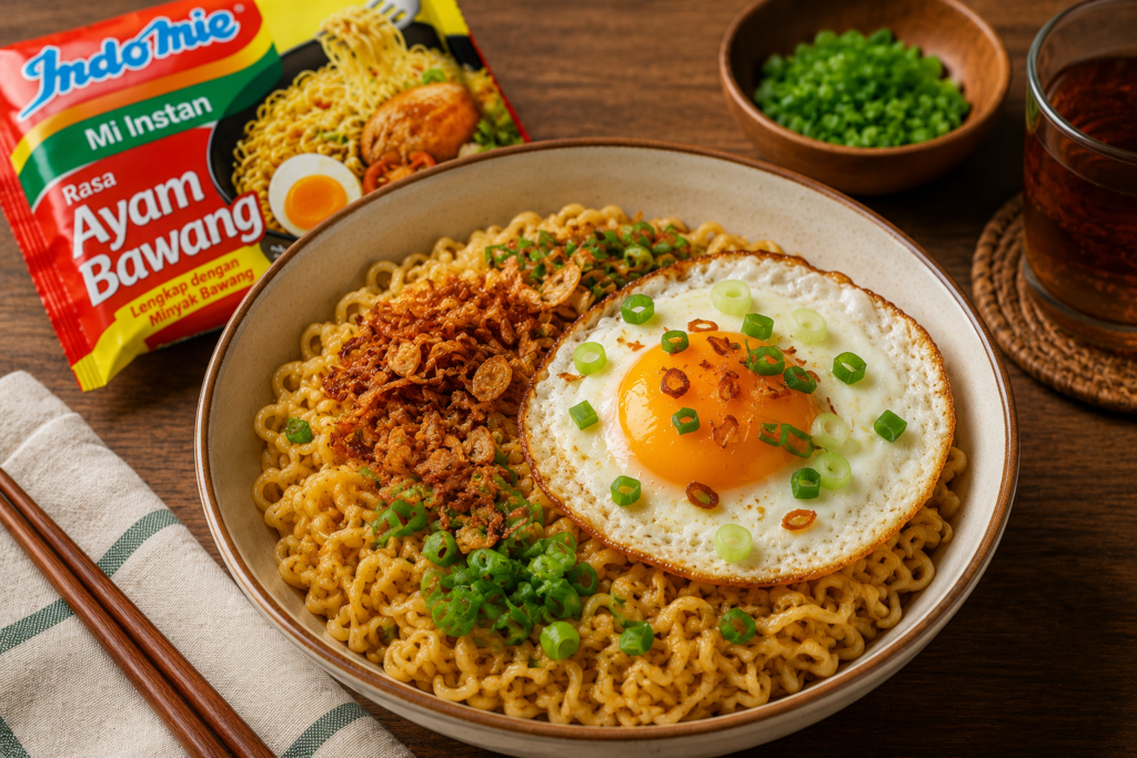 Upgraded Indomie Ayam Bawang topped with crispy shallots, spring onions, and a fried egg