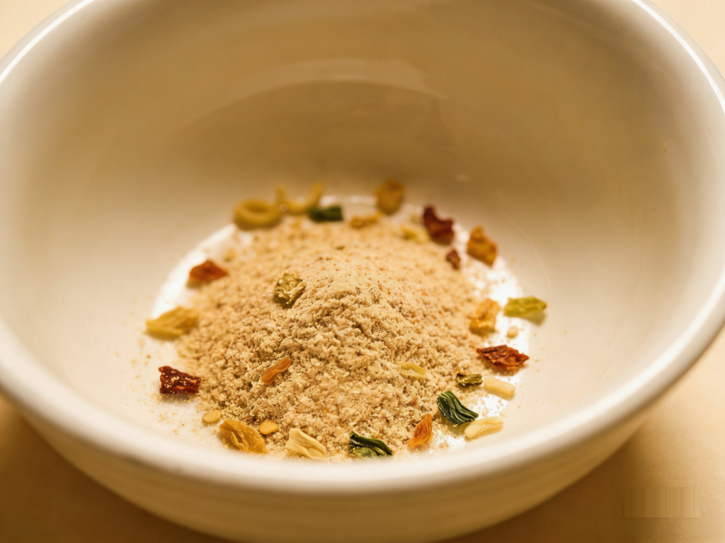 Instant noodle seasoning powder mix with dried vegetables, herbs and chili bits in a white ceramic bowl, close-up food preparation view, clean background
