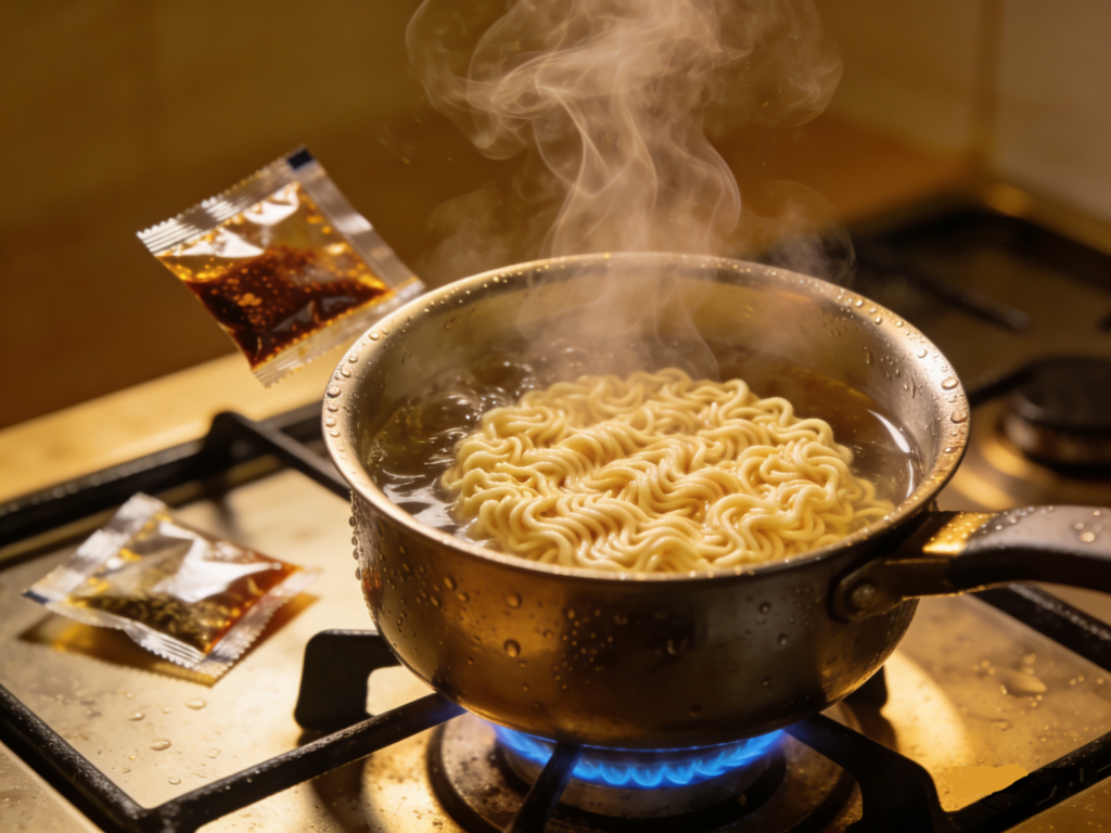 Instant noodles cooking in boiling water inside a small pot with steam rising, realistic food preparation scene, warm kitchen lighting