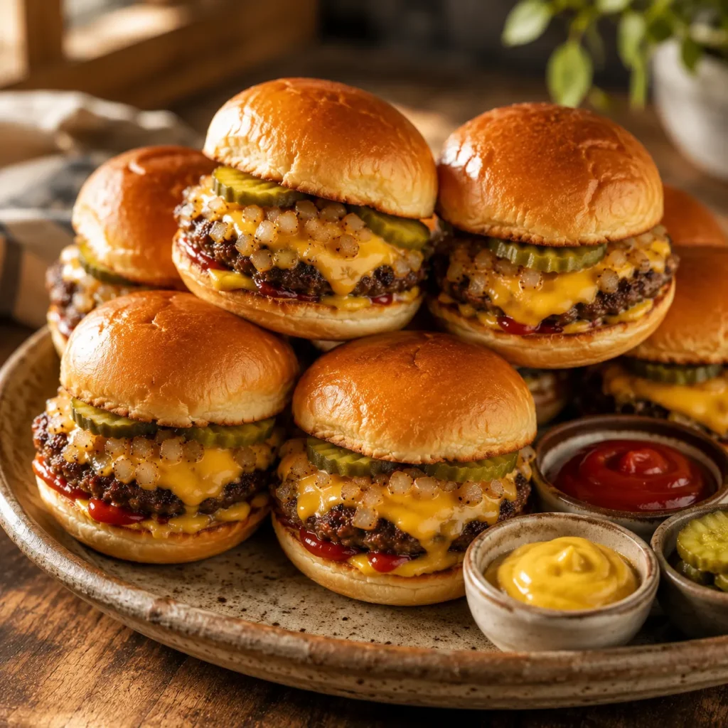 Juicy classic fast food sliders with melted American cheese, onions, pickles, ketchup, and mustard