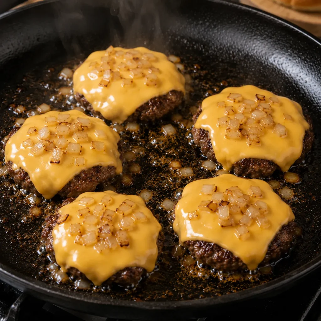 Melted American cheese covering juicy beef patties for homemade classic sliders