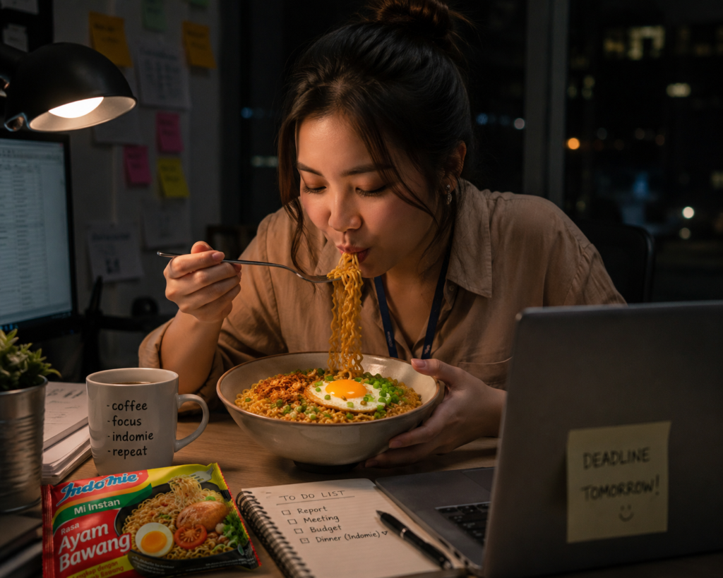 Office worker enjoying a bowl of upgraded Indomie Ayam Bawang during a late-night work session