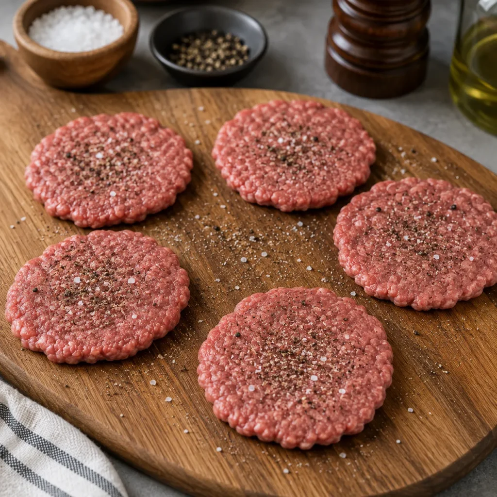 Thin beef slider patties seasoned with salt and black pepper before cooking