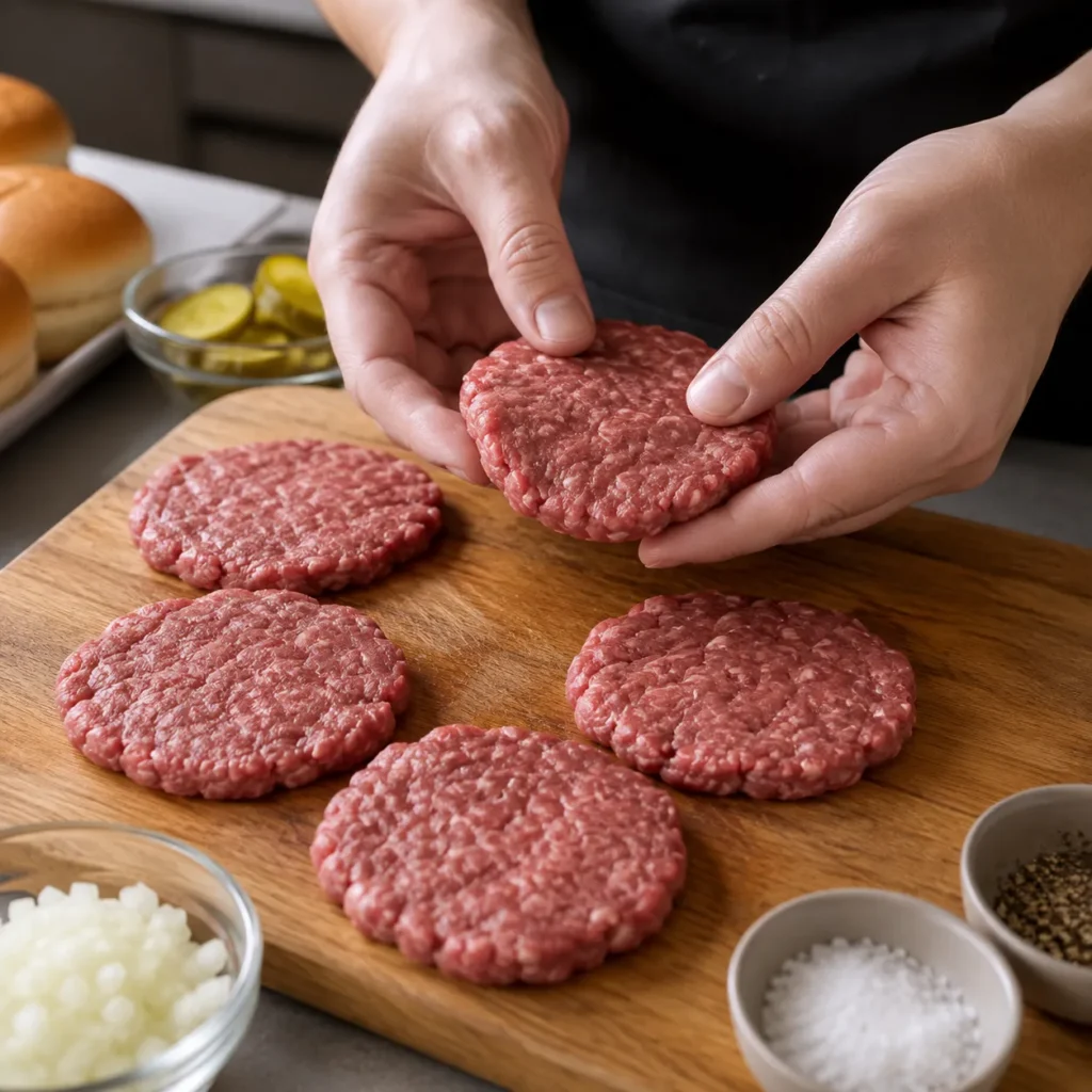 Hands shaping thin ground beef patties for homemade fast food sliders