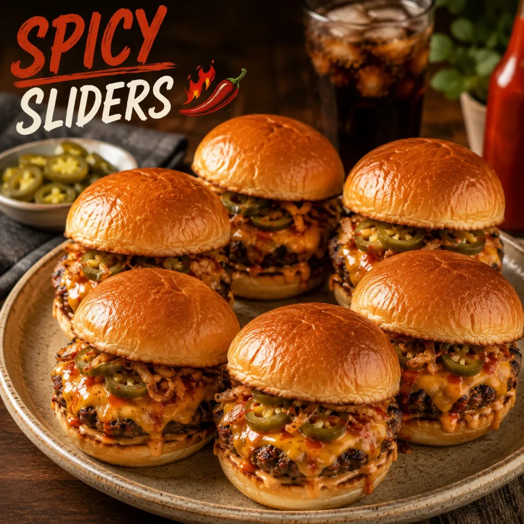 Spicy beef sliders with melted cheese, jalapenos, chili sauce, and crispy onions