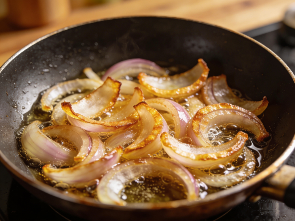  Close-up view of thinly sliced shallots frying in a small pan until golden brown and crispy, warm home kitchen atmosphere, realistic food photography