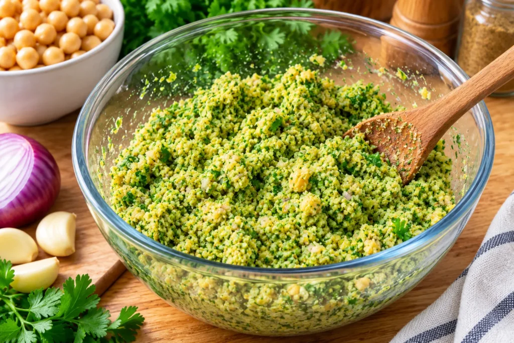 Coarse homemade falafel mixture with chopped herbs and chickpeas in a clear glass mixing bowl.