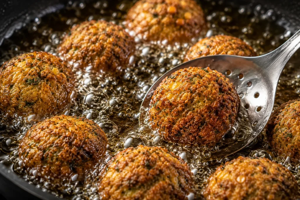 Golden crispy falafel frying in hot bubbling oil until perfectly crunchy and cooked through.