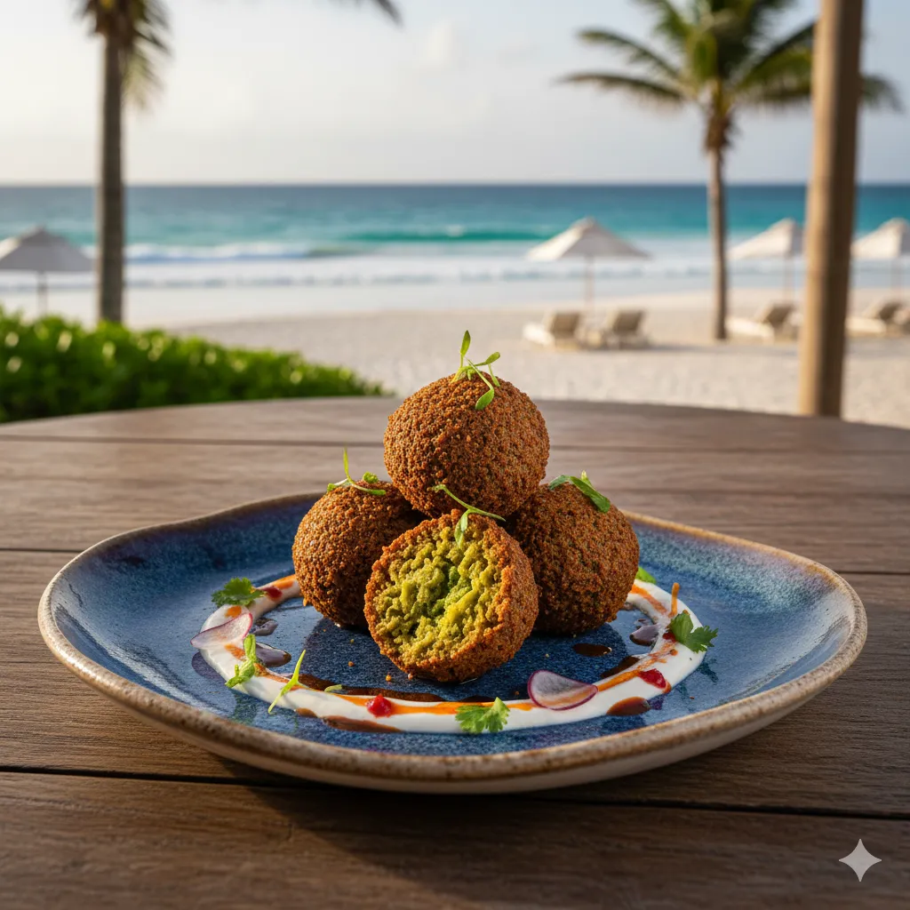 Crispy homemade falafel served on a plate at a beachside table with a scenic coastal view