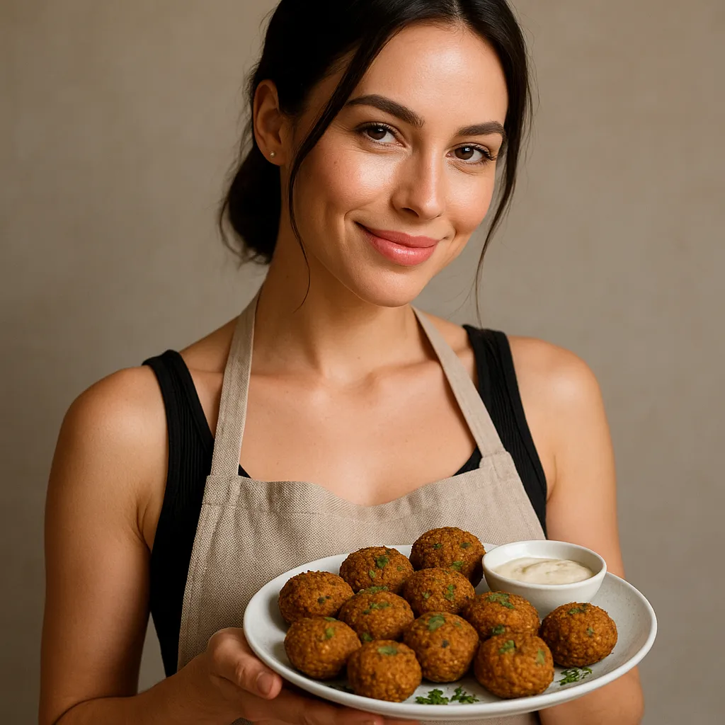 Person wearing a kitchen apron serving crispy homemade falafel on a plate
