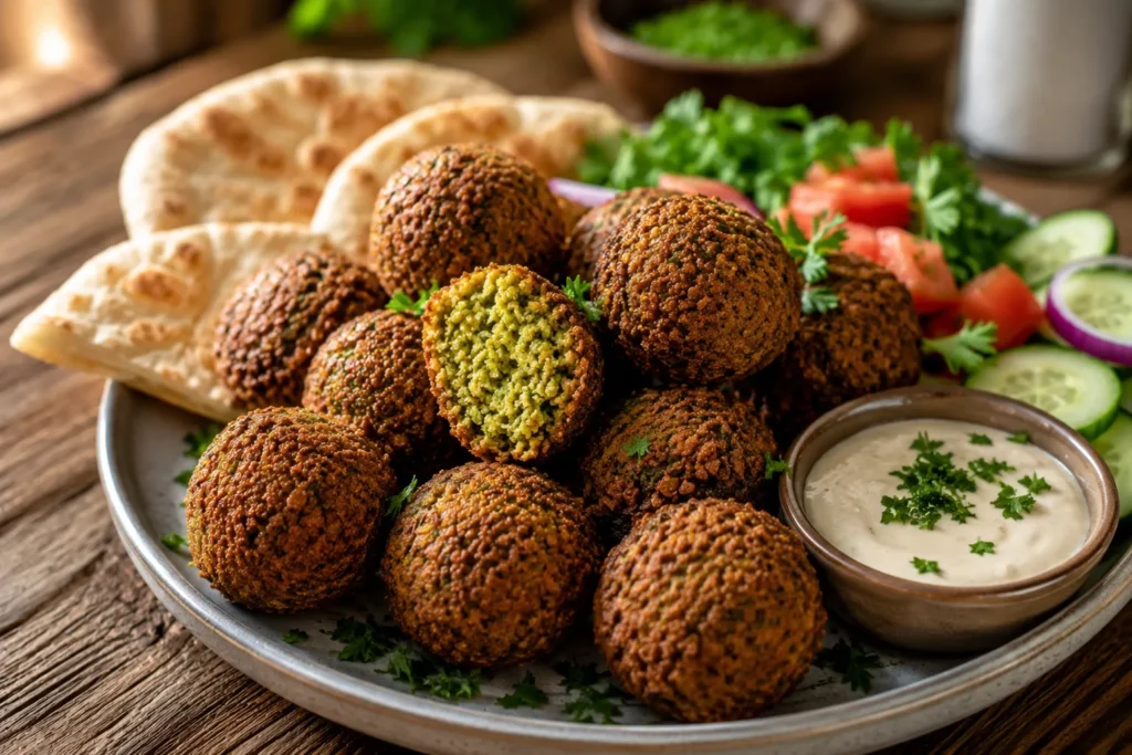 Crispy homemade falafel served with pita bread, tahini sauce, fresh parsley, cucumbers, and tomatoes on a rustic ceramic plate.