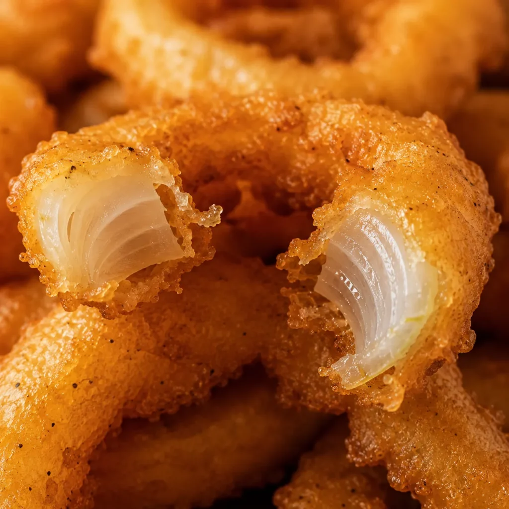 Crispy homemade onion ring broken in half to reveal its crunchy coating and tender sweet onion center.