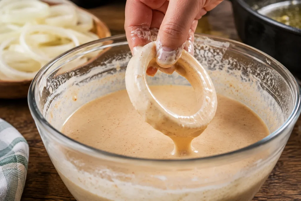 Thick onion rings coated in creamy seasoned batter before deep frying for extra crispy texture.