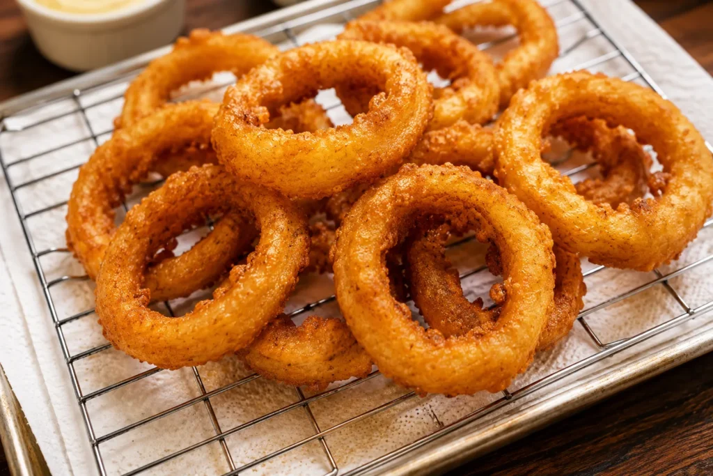 Fresh homemade onion rings draining on a cooling rack to keep their crispy golden coating.
