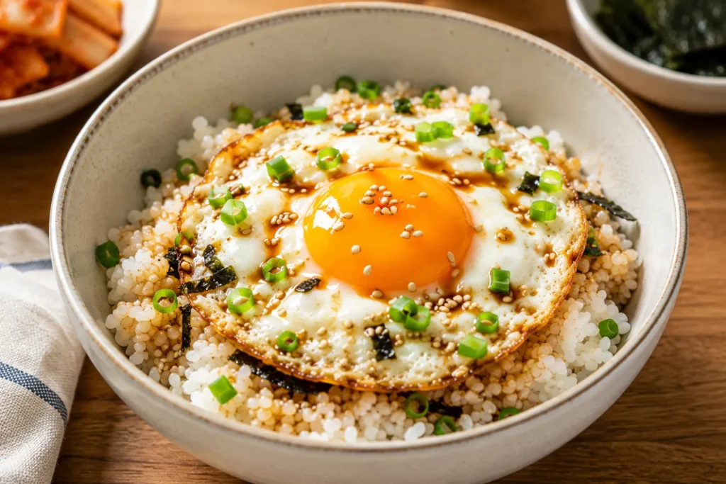 Finished Korean Gyeran Bap topped with sesame seeds, green onions, and roasted seaweed in a ceramic bowl.