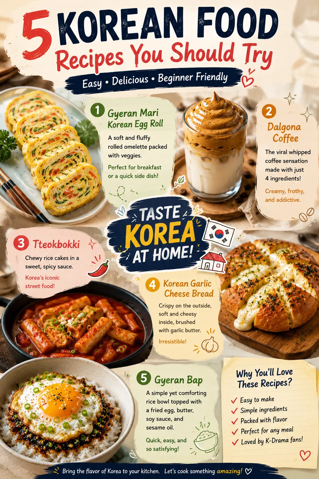 Infographic showcasing five beginner-friendly Korean recipes with short descriptions, including Gyeran Mari, Dalgona Coffee, Tteokbokki, Korean Garlic Cheese Bread, and Gyeran Bap.
