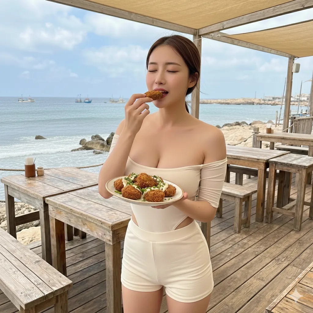 Crispy homemade falafel served on a plate at a brightly lit beachside café with a fresh and relaxing atmosphere